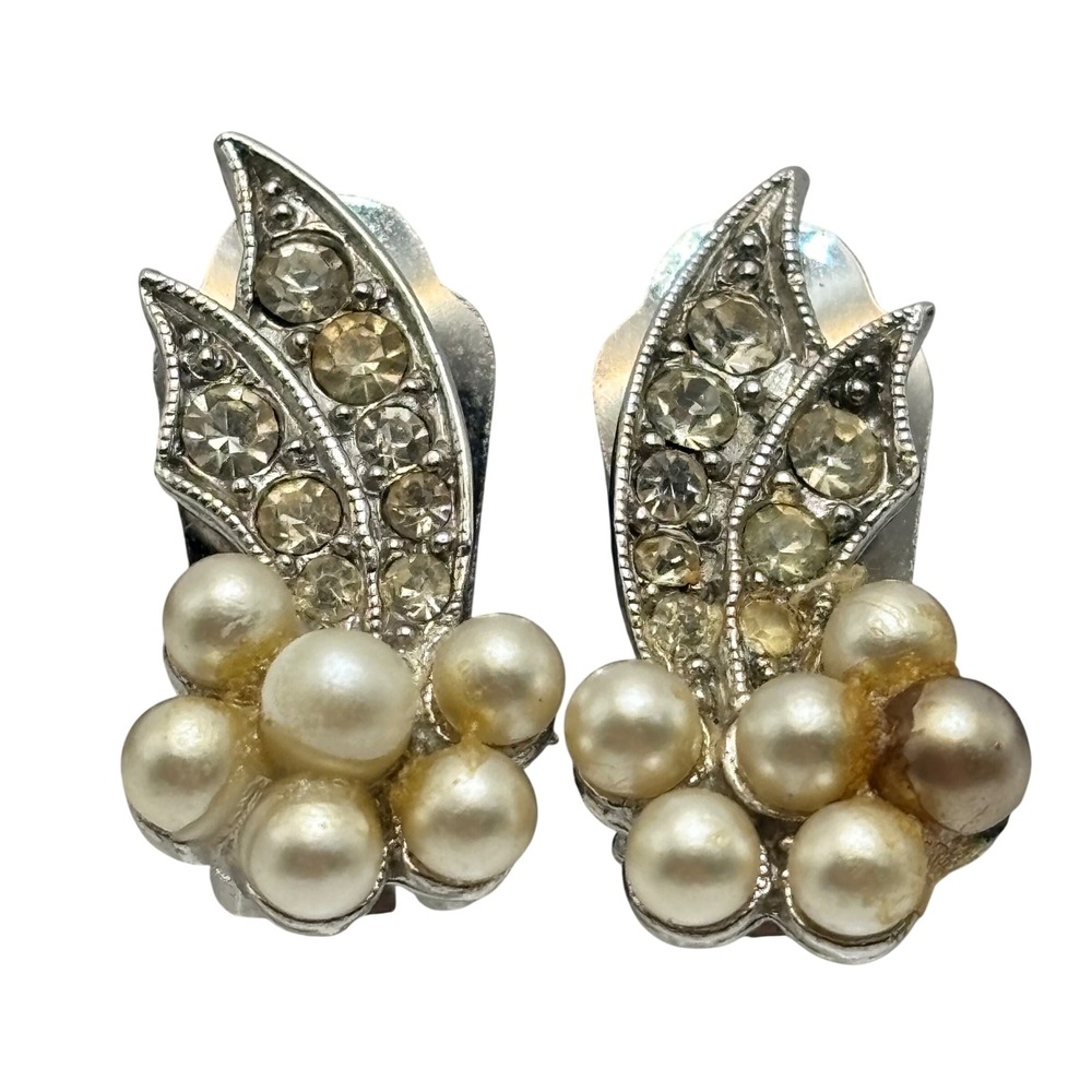 Vintage MCM Richelieu Rhinestone Faux Pearl‎ Cluster Clip Earrings Silver
